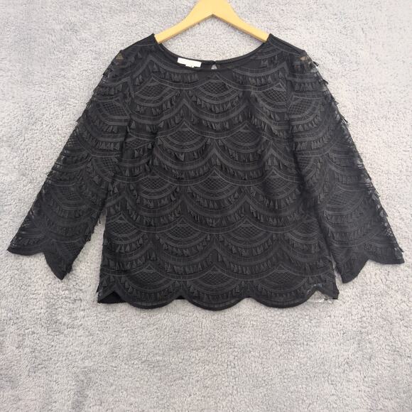 TALBOTS RSVP Black Lace Blouse Women's Medium Scalloped Hem 3/4 Sleeve Lined NWT - Picture 1 of 11